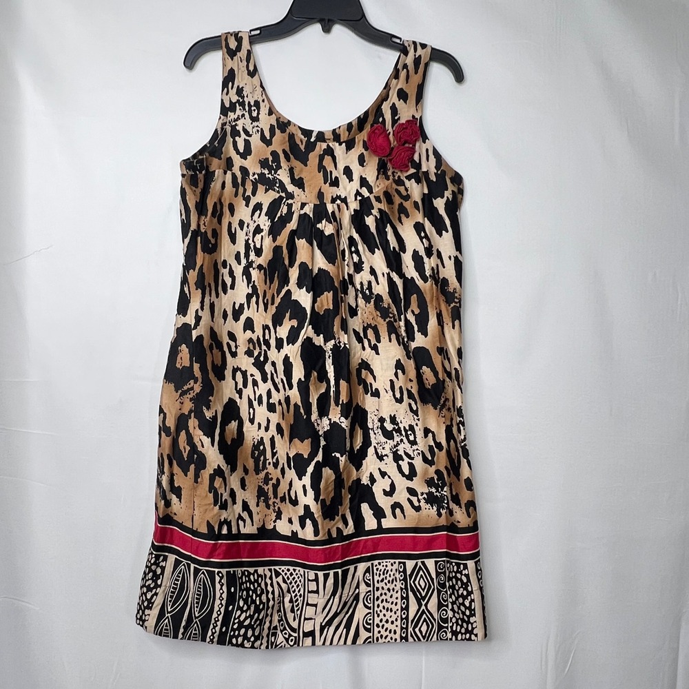 Sunny Leigh Leopard Print Dress Size 8 Cotton Sleeveless Mini Shift Safari Boho